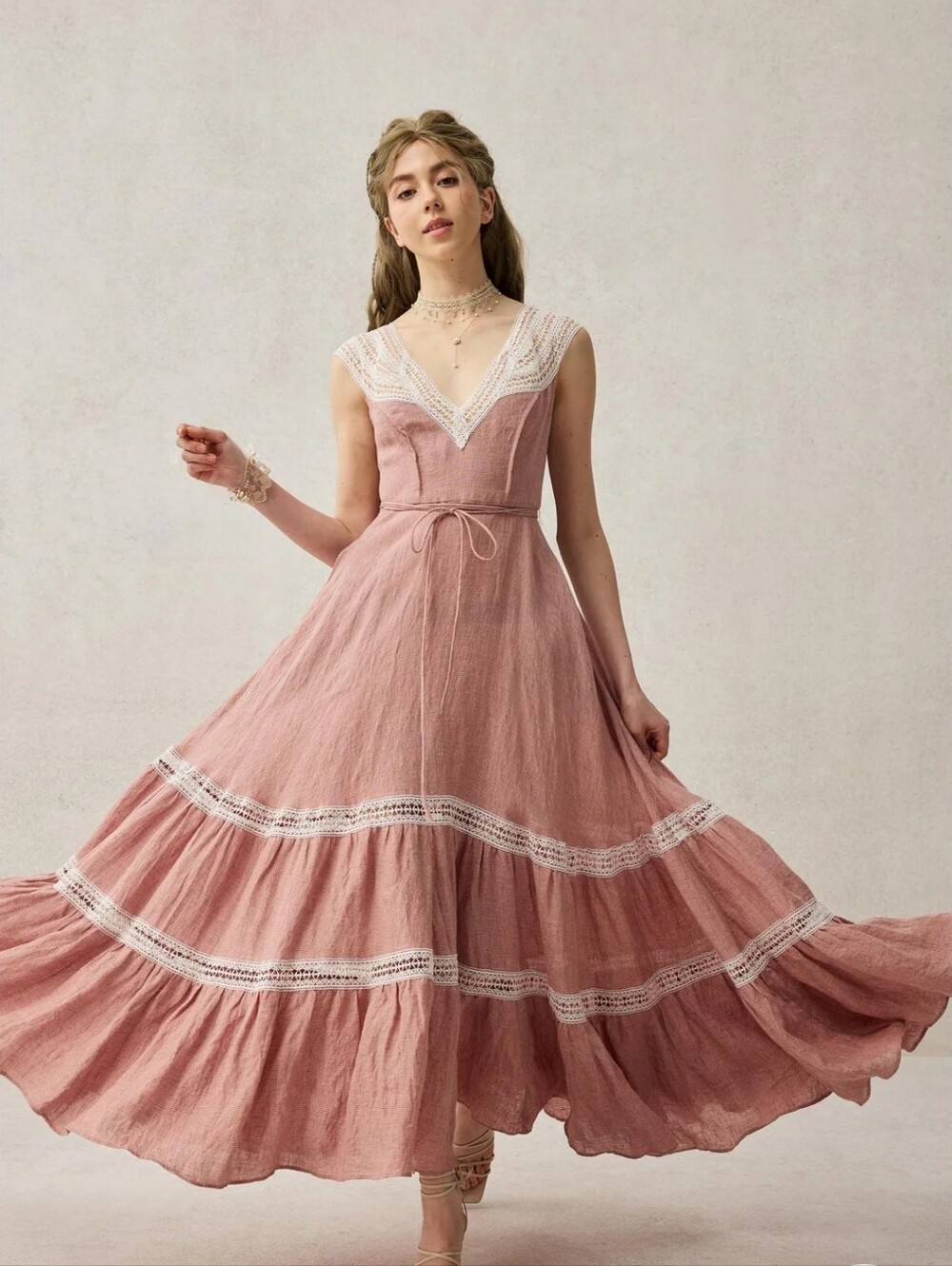 Romantic V-Neck Lace-Trim Maxi Dress in Dusty Rose